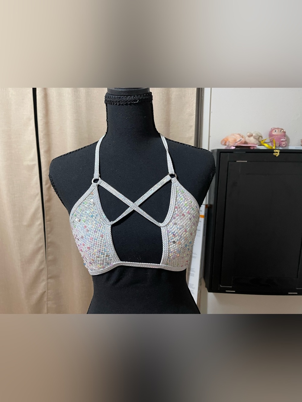 Roma White Iridescent Sequin Crisscross Halter Bralette